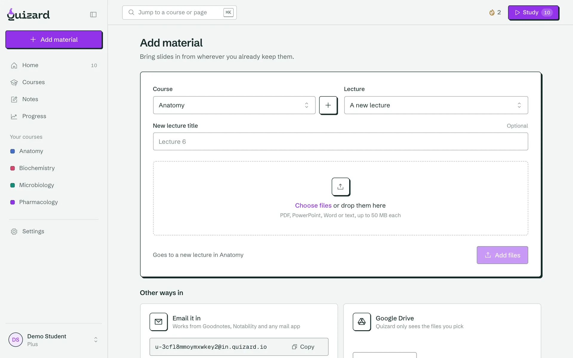 The Add material page with upload, email, cloud and recording options