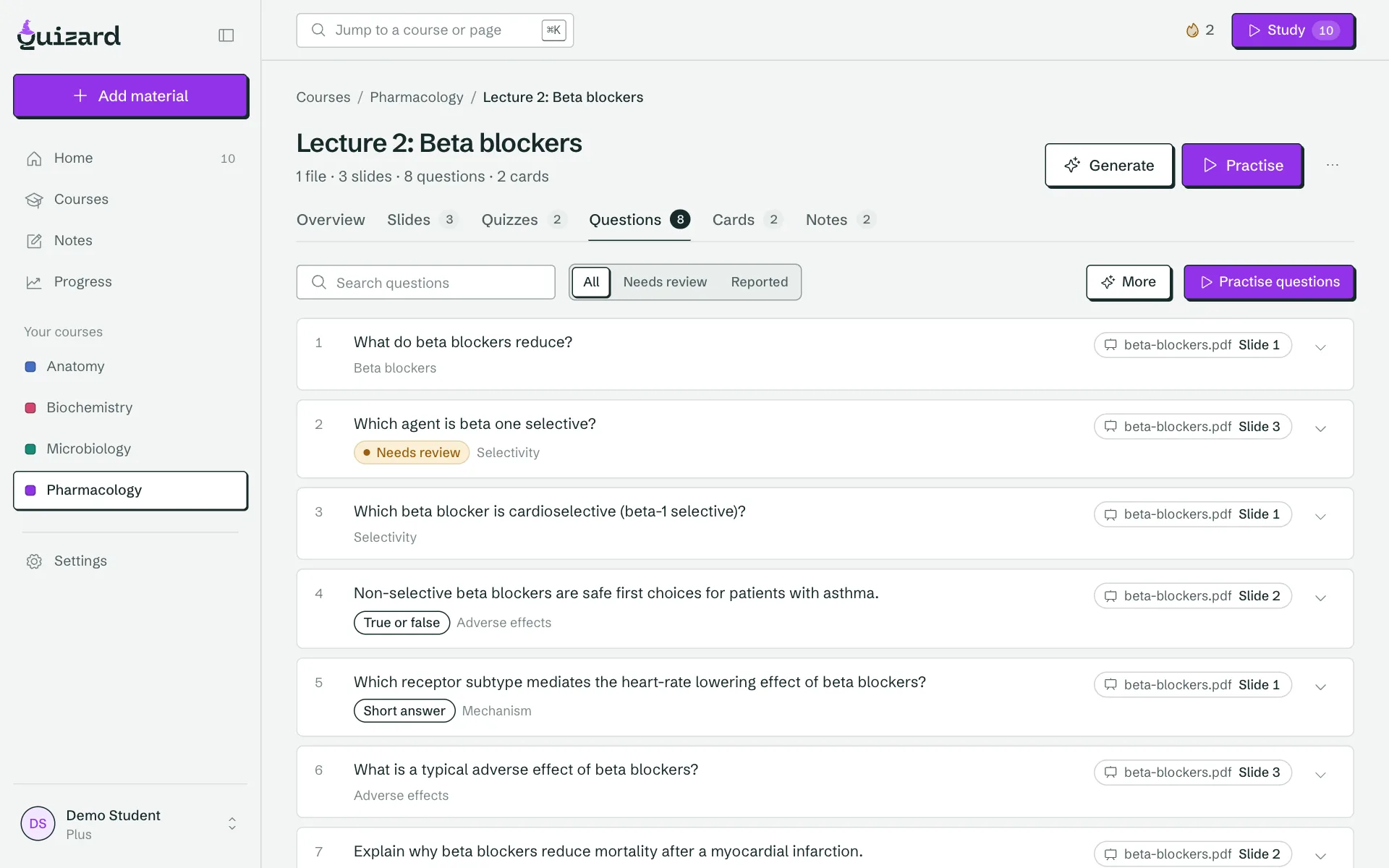 The Questions tab of a lecture: every question lists the slide it came from