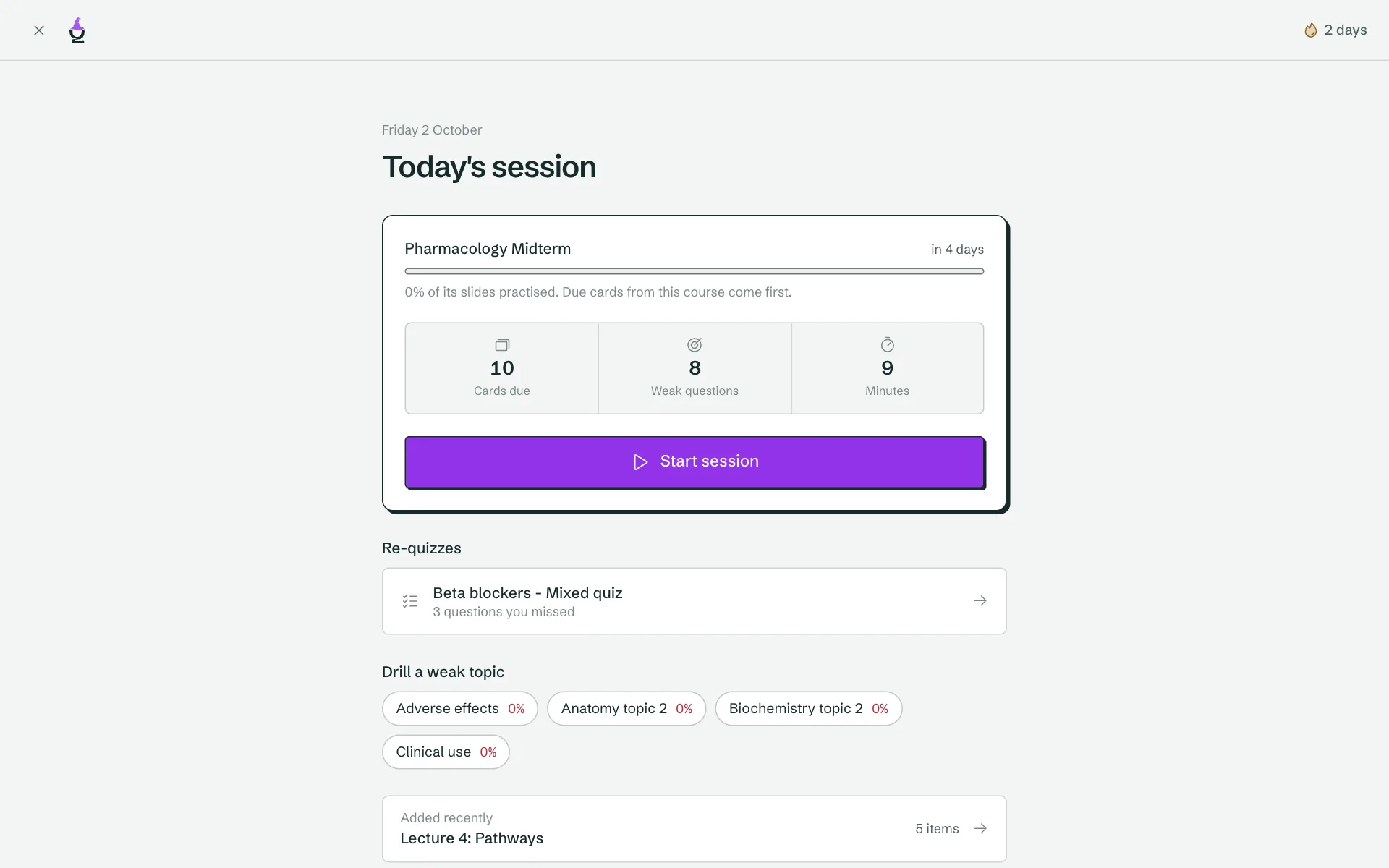 Today’s session: cards due, weak questions, minutes, and a start button