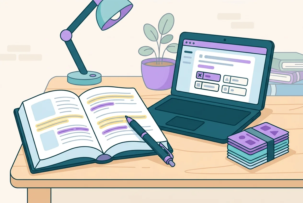 A desk with a textbook open to a highlighted page, a pen resting on it, and a stack of flashcards next to a laptop displaying a quiz question.