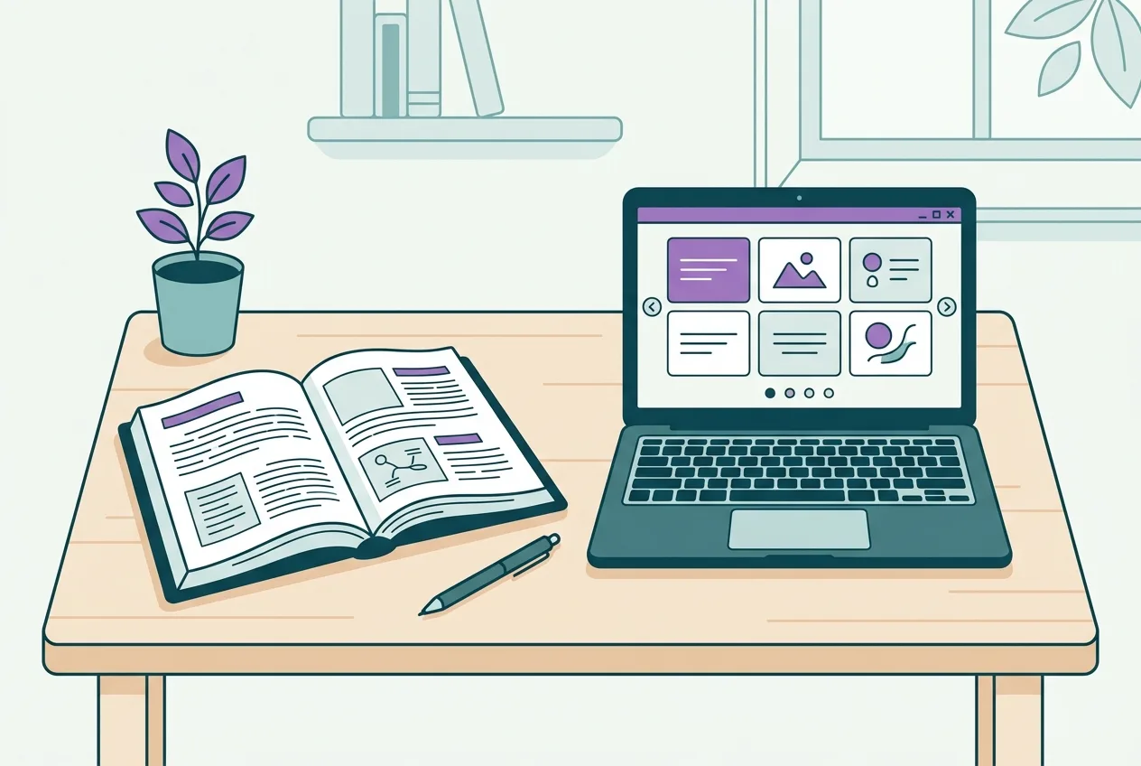 A minimalist desk with an open textbook, a laptop displaying flashcards, and a pen, suggesting focused study.