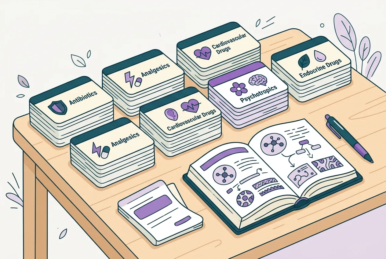 A table with several stacks of pharmacology flashcards, each stack labeled with a different drug class. A pen and a textbook are open nearby.