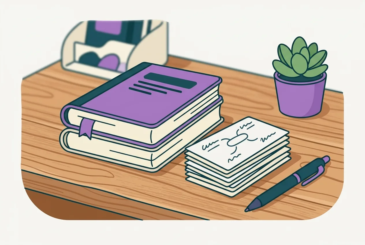 A stack of neat lecture slides sits on a wooden desk, next to a pile of handwritten flashcards and a pen.