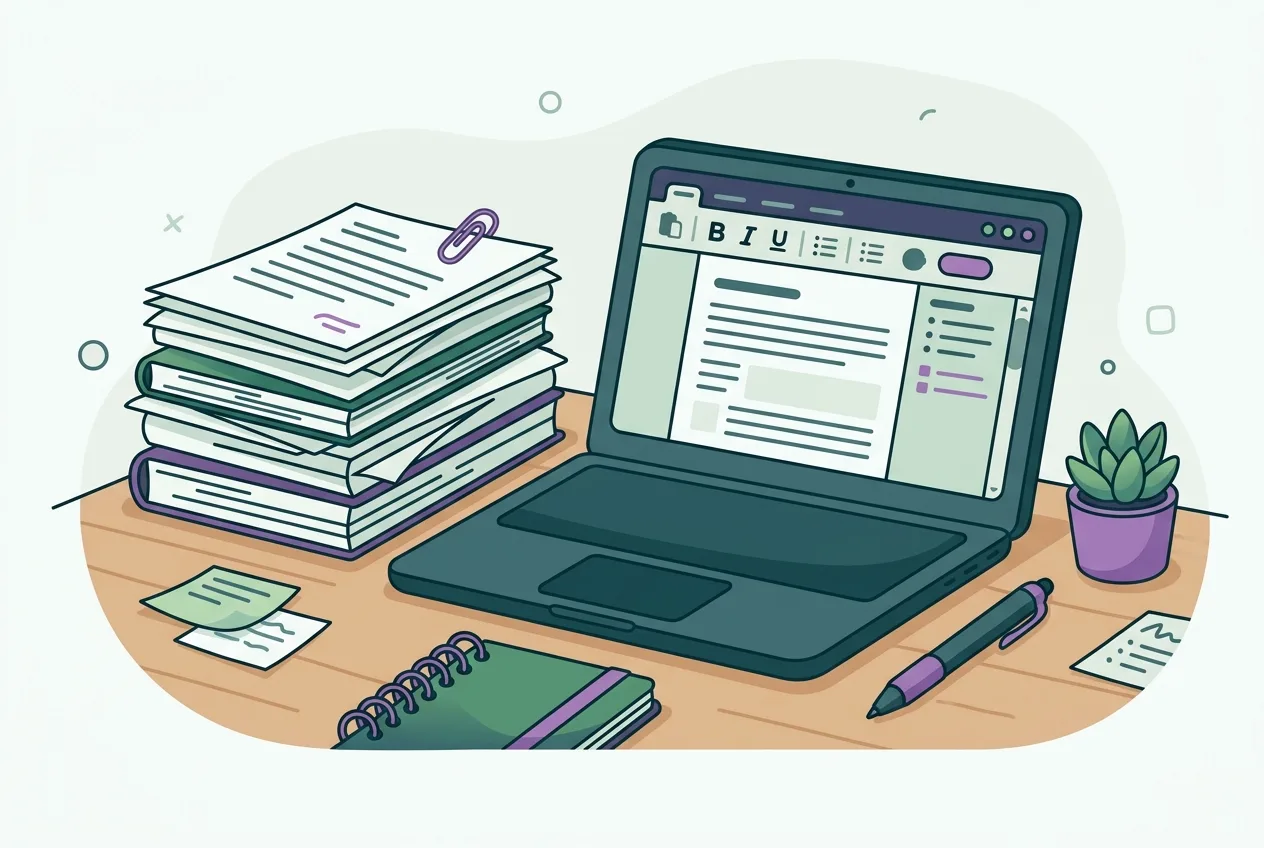 A stack of academic papers on a desk, with a pen and an open laptop displaying a word processor.