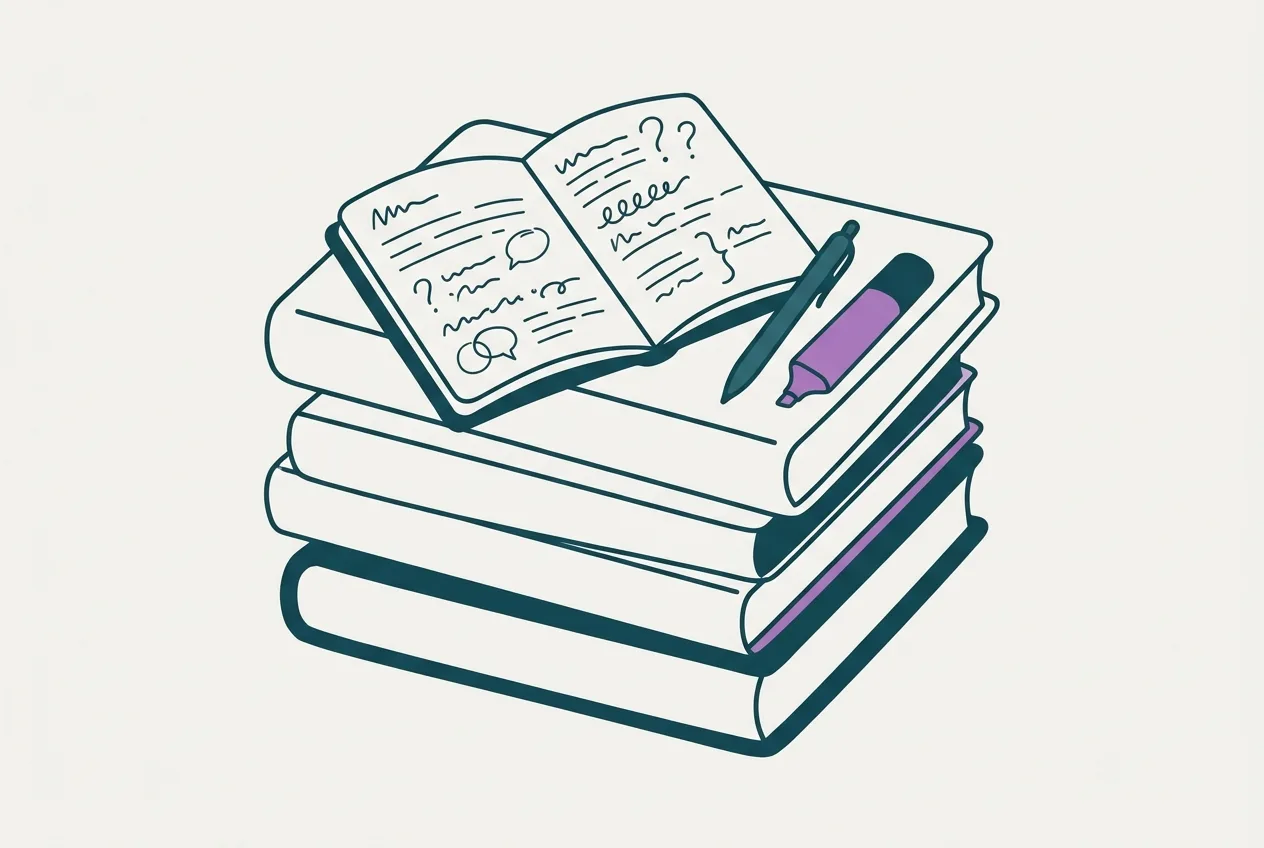 A stack of textbooks with a notebook open on top, showing handwritten questions and answers, beside a pen and a highlight marker.