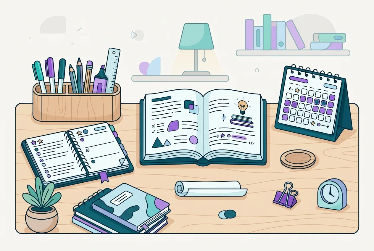 A neatly organized desk with a planner, open textbook, pens, and a calendar with highlighted dates.