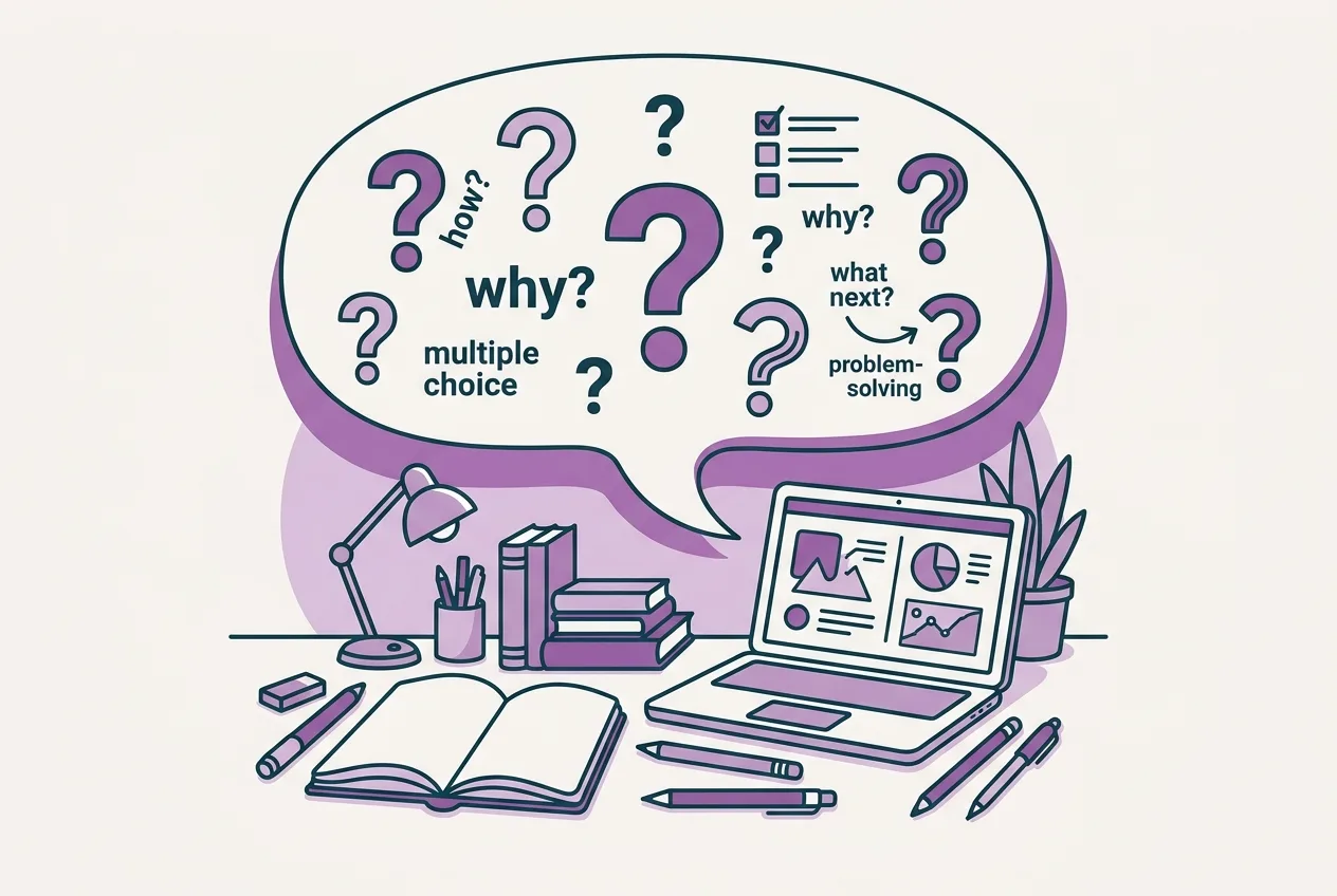 A desk with open notebooks, pens, and a laptop displaying study materials, with a thought bubble showing various question marks and question types.
