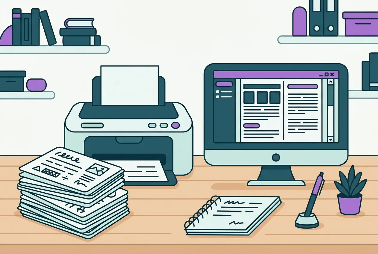 A stack of neatly cut paper flashcards with text visible, alongside a printer and a computer screen showing a PDF document.