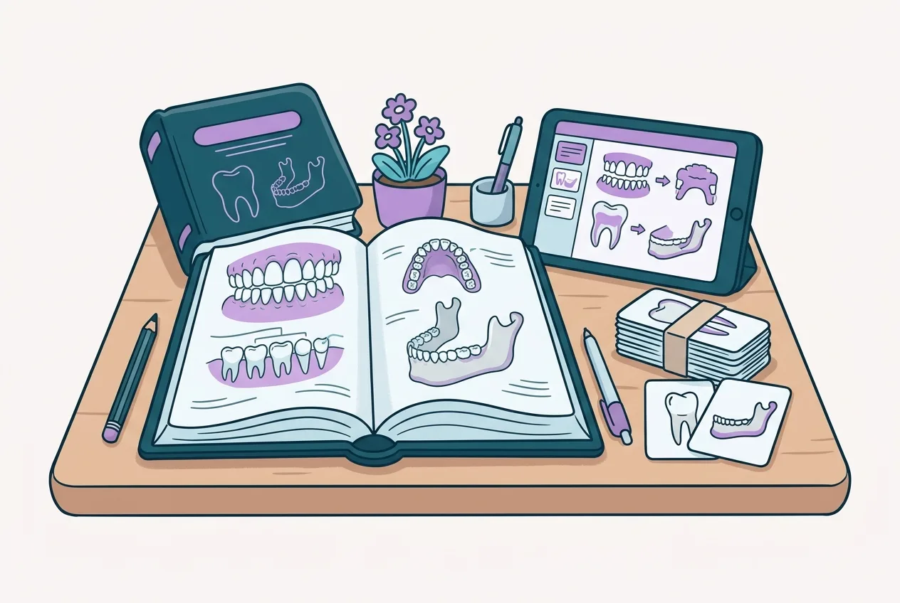 A desk with a dental anatomy textbook open to an illustration of teeth and jawbones, alongside lecture slides displayed on a tablet and a stack of flashcards.
