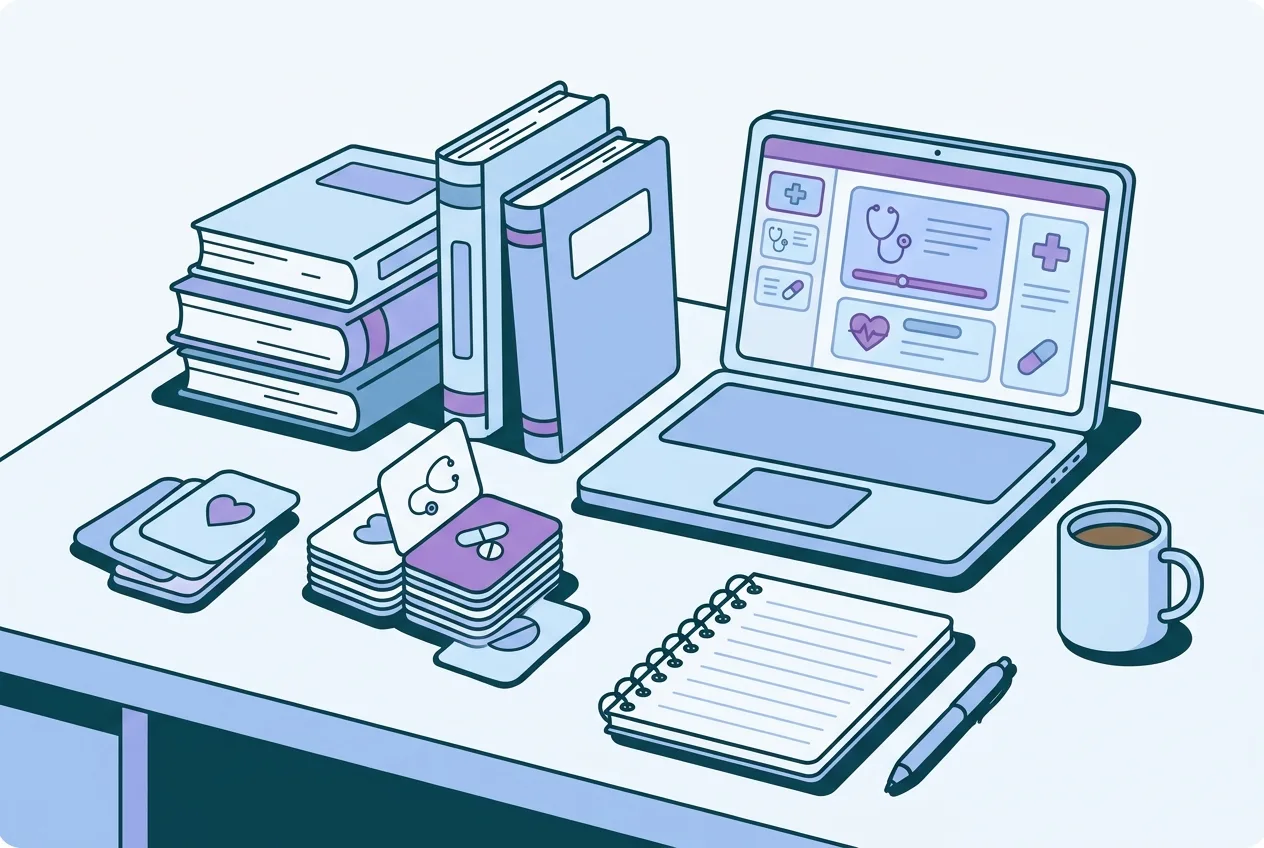 A desk with nursing textbooks, lecture slides, flashcards, and a laptop displaying study material.