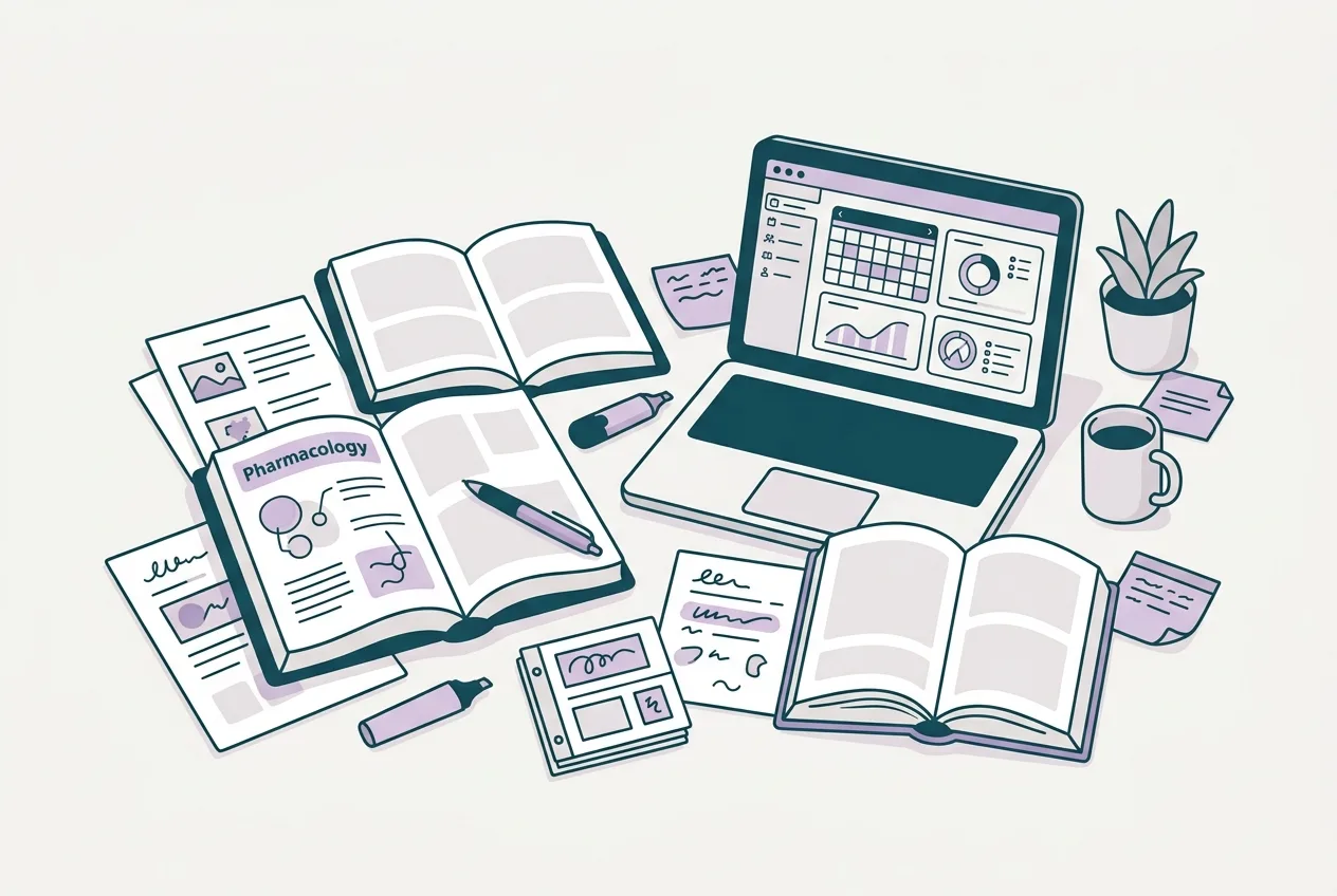 A desk covered with open textbooks, lecture slides, and notes, with a laptop displaying a study application and a pen resting on a pharmacology textbook.