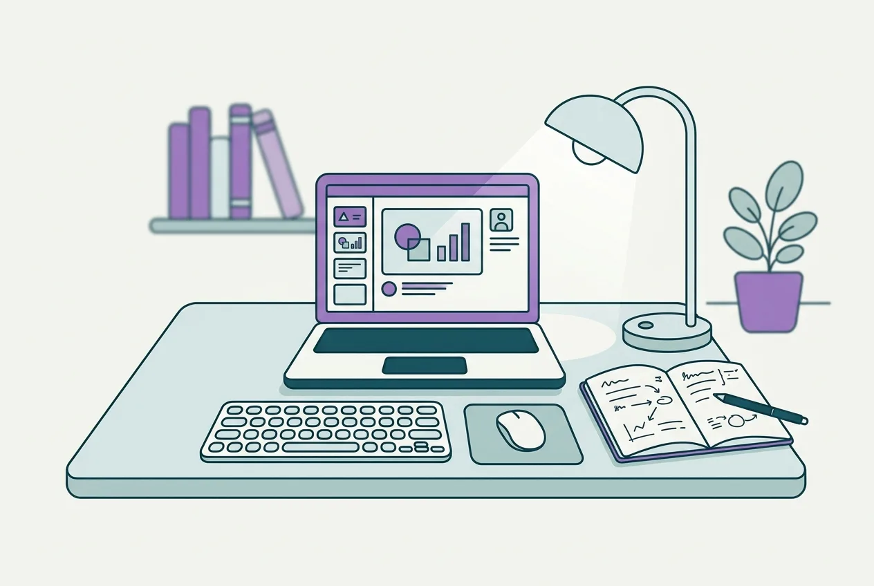 A minimalist illustration of a student's desk with a laptop displaying lecture slides, an open notebook with handwritten notes, and a focused study lamp.