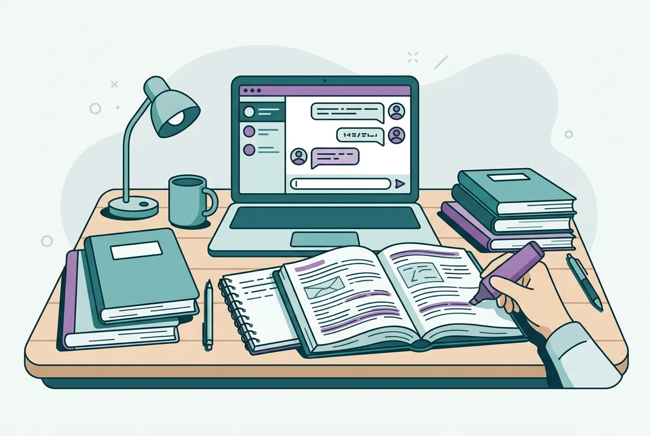 A neatly organized desk with open textbooks, a laptop displaying a chat interface, and a student's hand holding a highlighter.