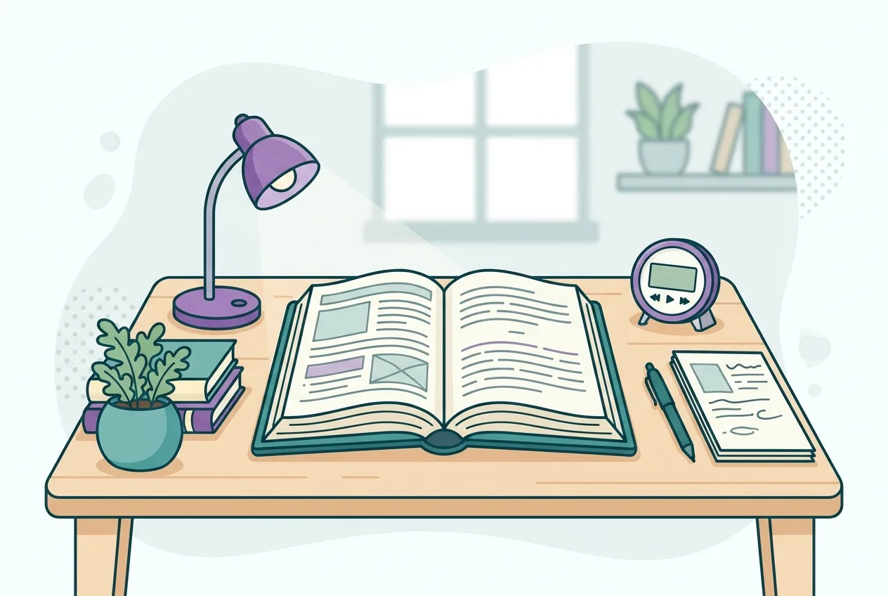 A desk with a textbook open, a pen, and a simple timer or clock, indicating focus and work.