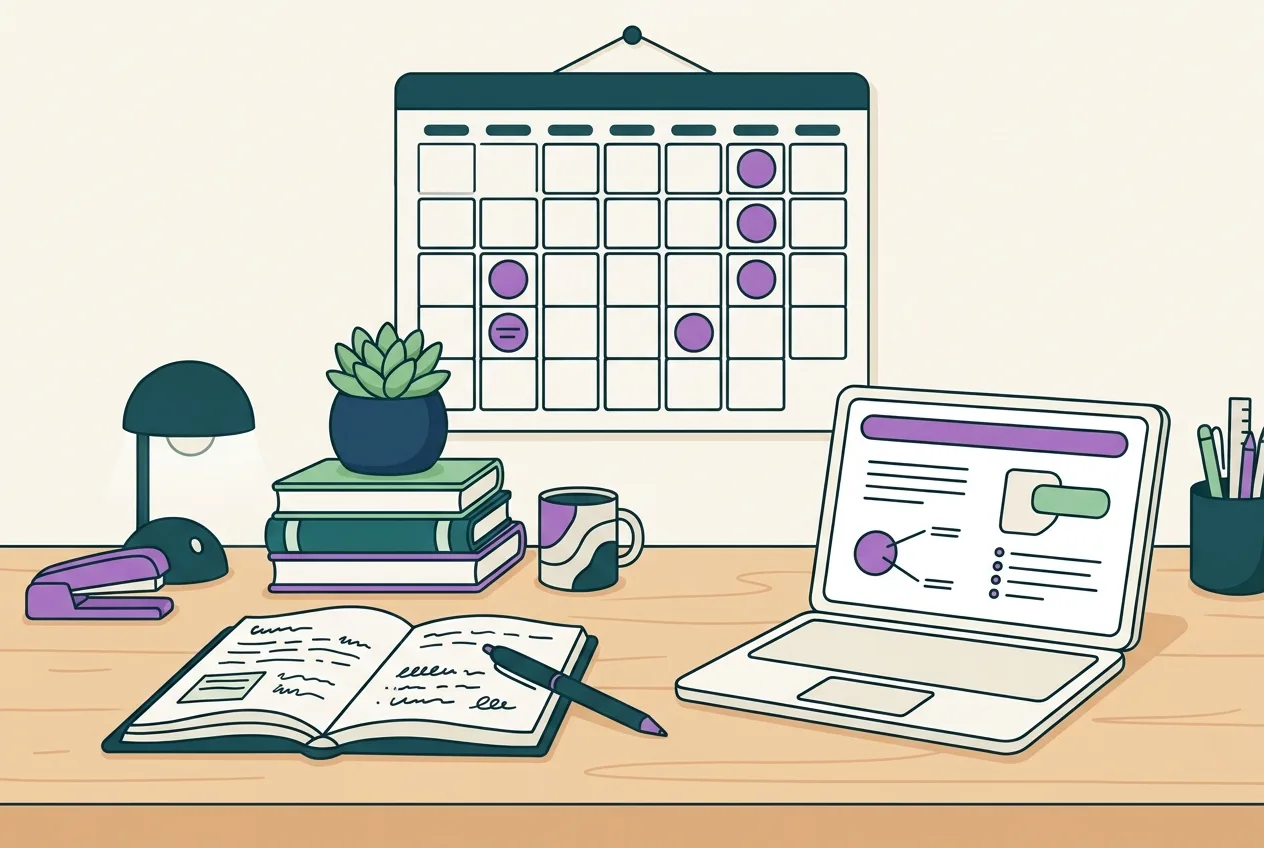 A neatly organized desk with open lecture slides, a notebook, and a pen, with a calendar marked for review dates in the background.