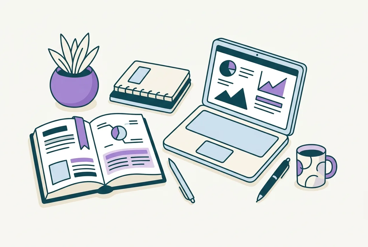 A desk with an open textbook, highlighted notes, a laptop displaying study material, and a pen.