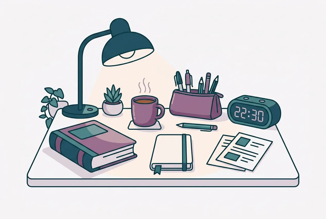 A calm, softly lit desk with a closed textbook, a warm cup of tea, a neatly organized pencil case, and a digital alarm clock showing an early bedtime.