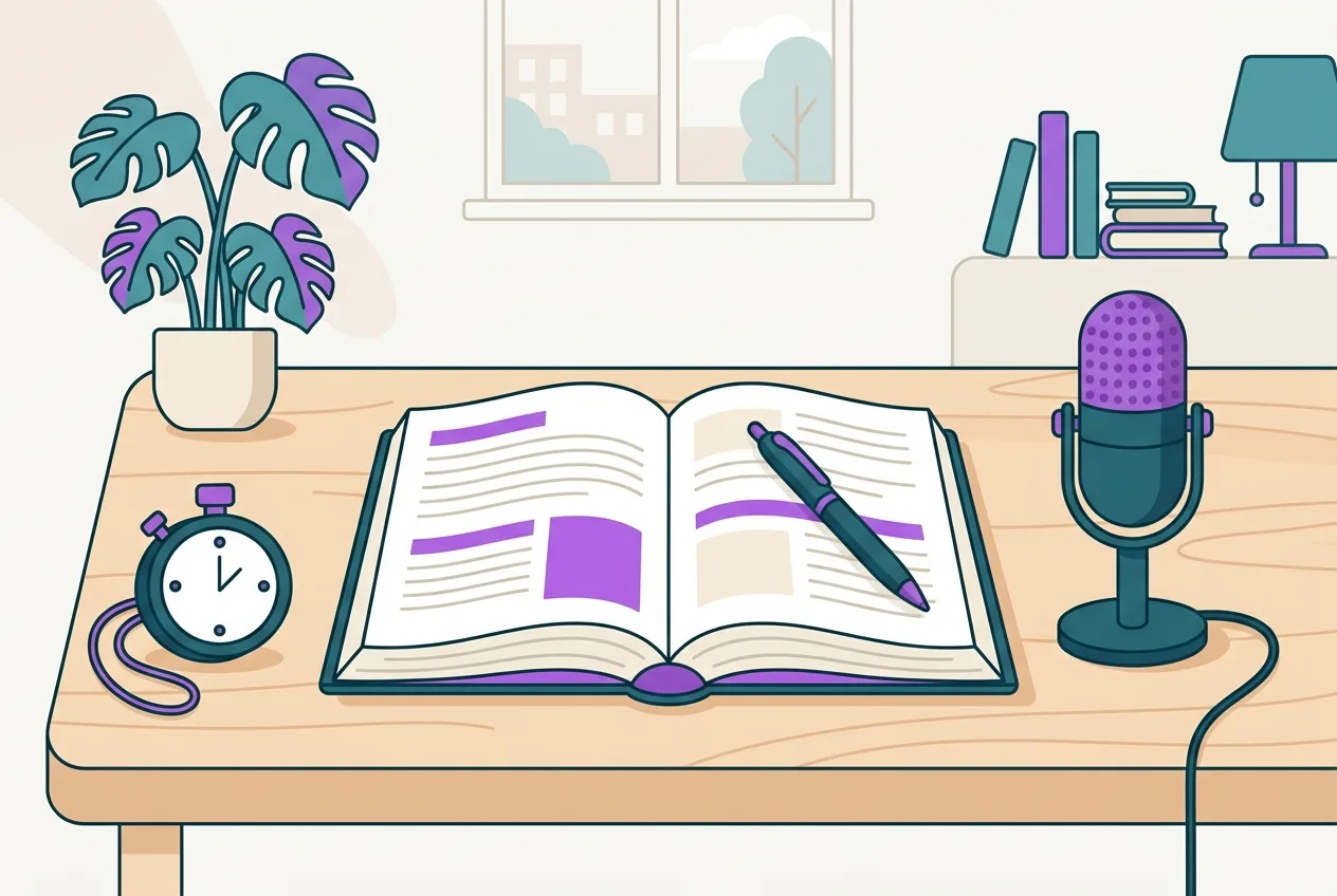 An open textbook with a pen resting on it, next to a stop-watch and a microphone, all on a neat desk.